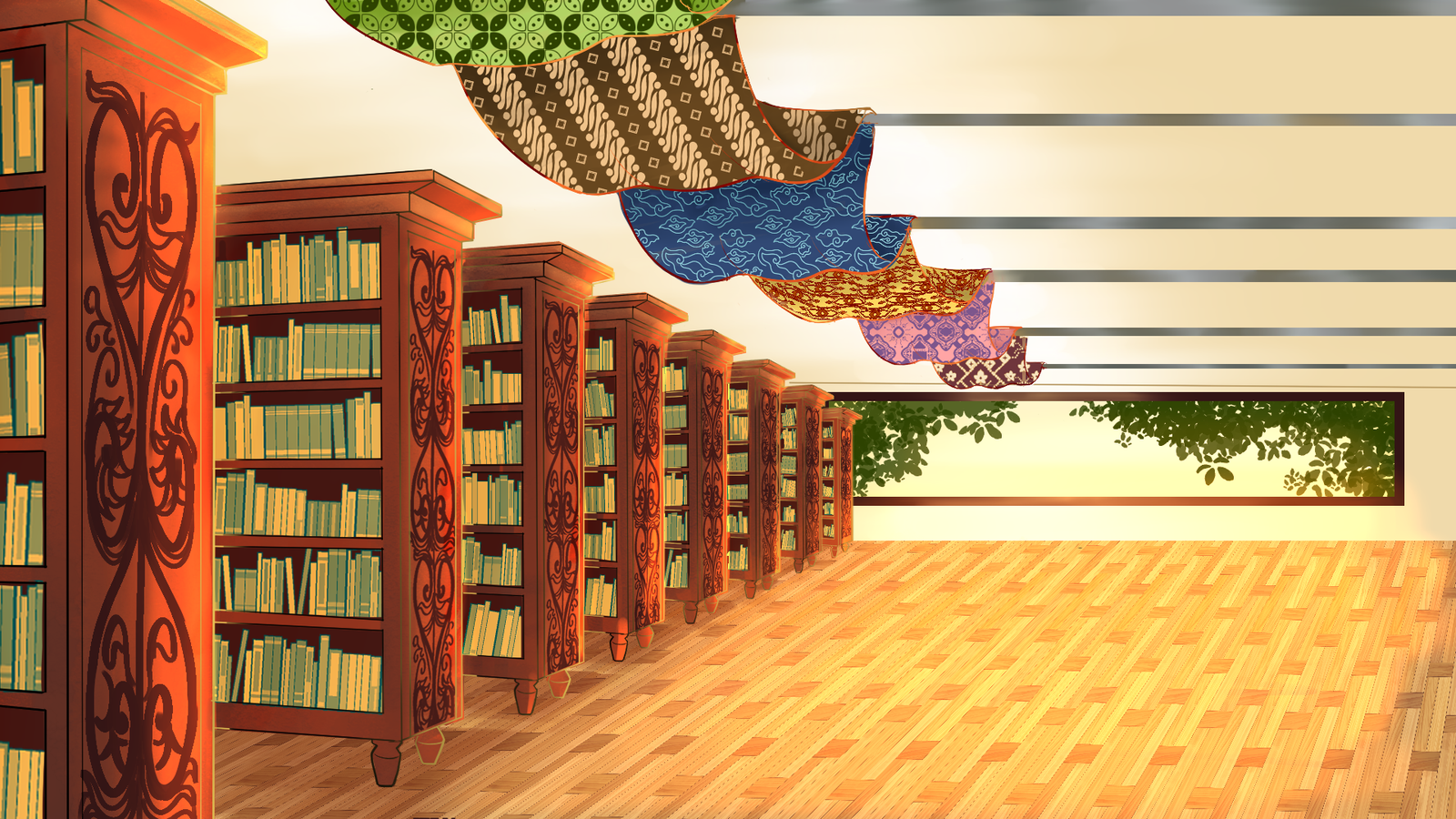 Ilustrasi lorong rak buku perpustakaan dengan kanopi kain batik